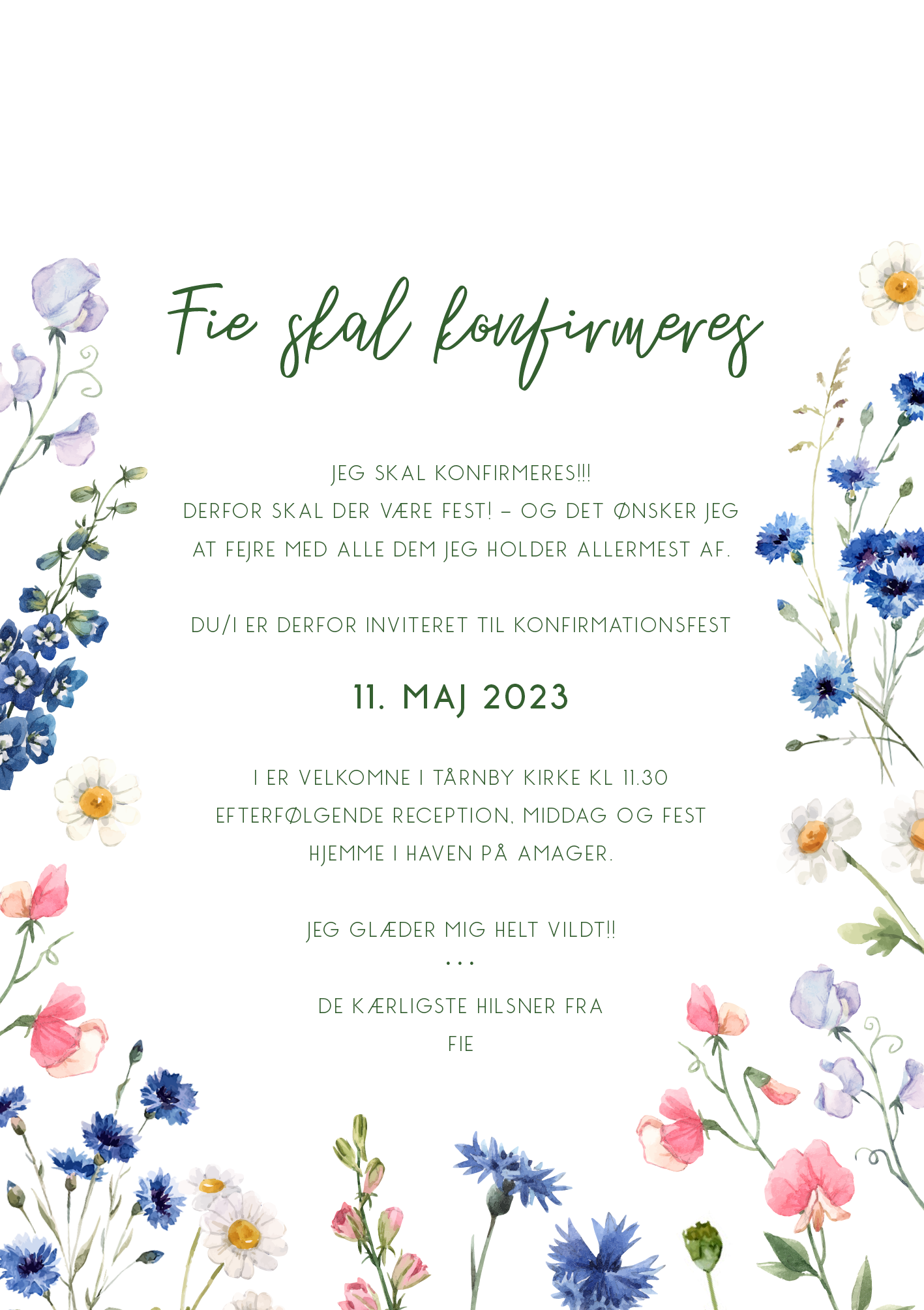 
                Sød blomster konfirmationsinvitation med de skønneste forårsblomster som passer til en forårskonfirmation. Brug bagsiden af invitationen til flere praktiske oplysninger eller et program over din store festdag. Du kan også bruge bagsiden til et smuk billede af konfirmanden. Til designet kommer også matchende elementer i form af velkomstskilt, bordoversigt, menukort, bordkort, drinkskort, takkekort mm. således I kan skabe en rød tråd for dagen.                